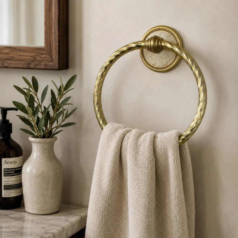 Vintage Brass Twisted Rope Towel Ring Faux Marble Wall Mount Bathroom Hardware